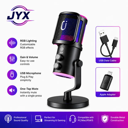 JYX U120 RGB Streaming Microphone - One-Tap Mute, Headphone Jack, Perfect for Gaming, Podcasting & Streaming on PC, Mac, PS5 & PS4 - Compact & Durable Design