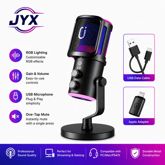 JYX U120 RGB Streaming Microphone - One-Tap Mute, Headphone Jack, Perfect for Gaming, Podcasting & Streaming on PC, Mac, PS5 & PS4 - Compact & Durable Design